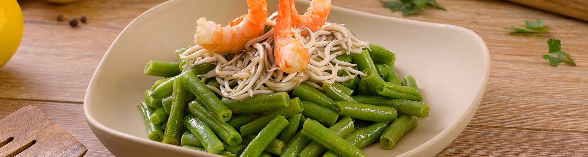 Judías verdes con gambas o langostinos